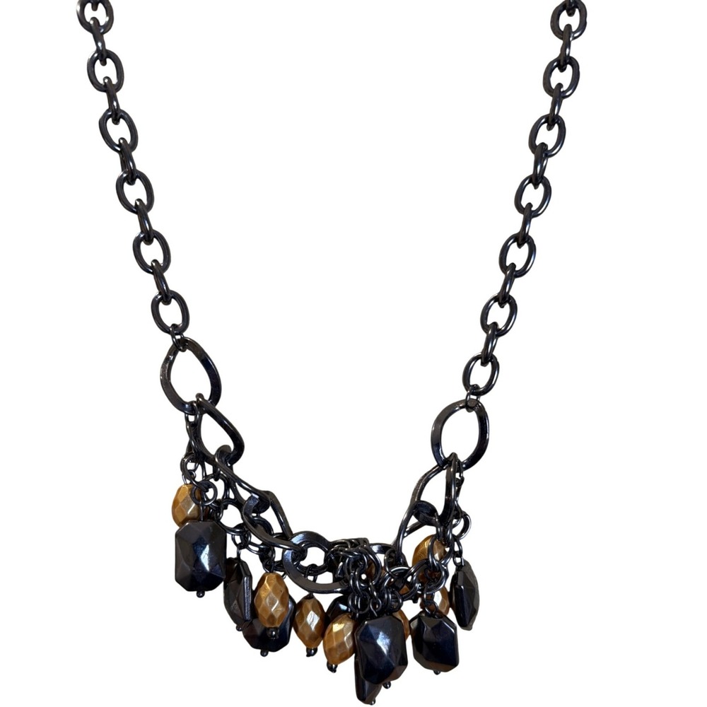 Gunmetal Chunky Chain‎ Bib Statement Necklace Black Gold Faceted Bead Cluster